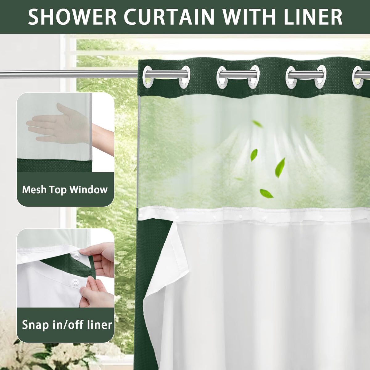 Hookless shower curtain on rail