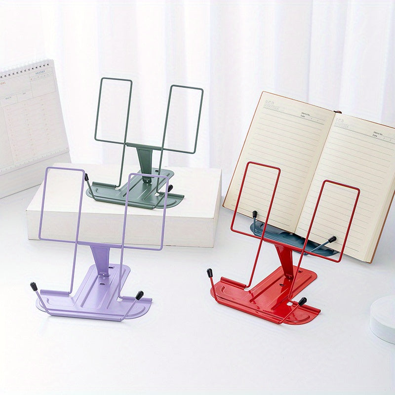 Adjustable book stand holding an open book