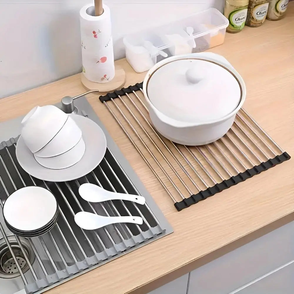 Over-sink rack holding glasses and plates