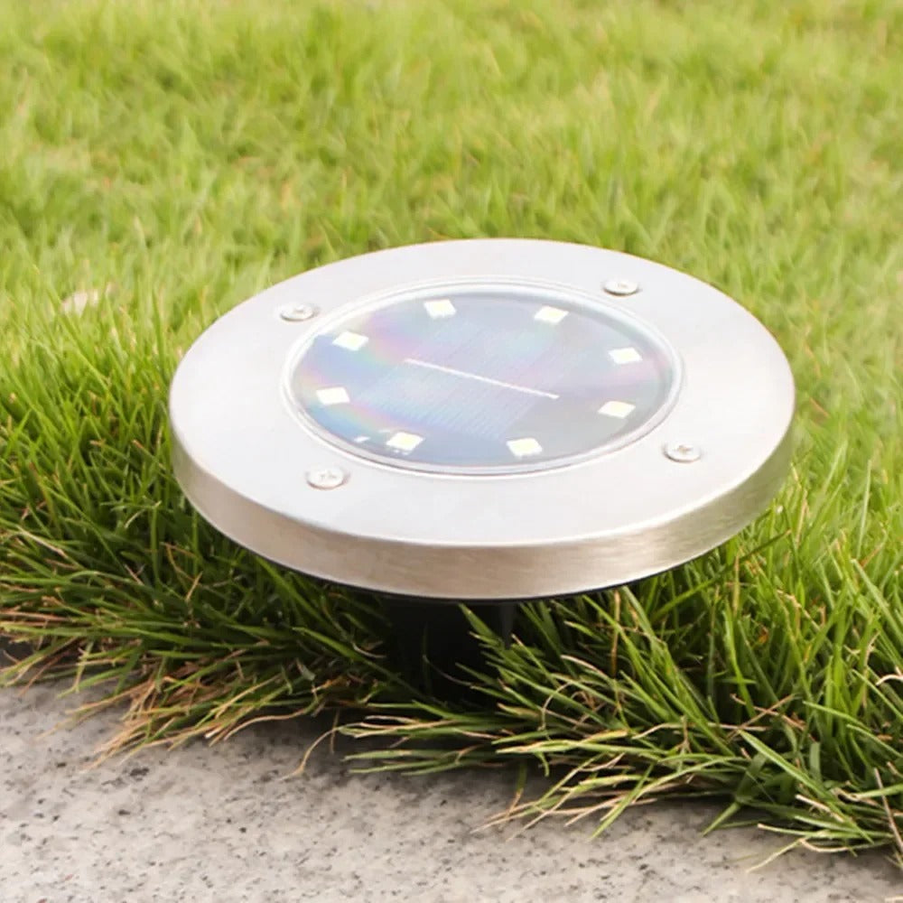 Solar ground lights lit at night in a garden