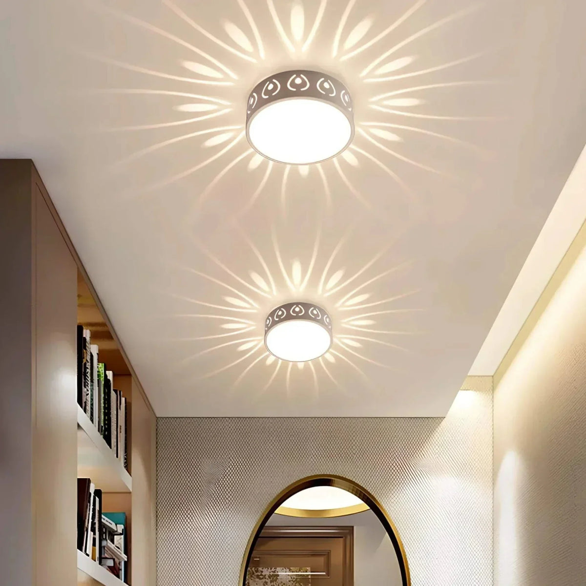 Warm white sunburst ceiling light lit
