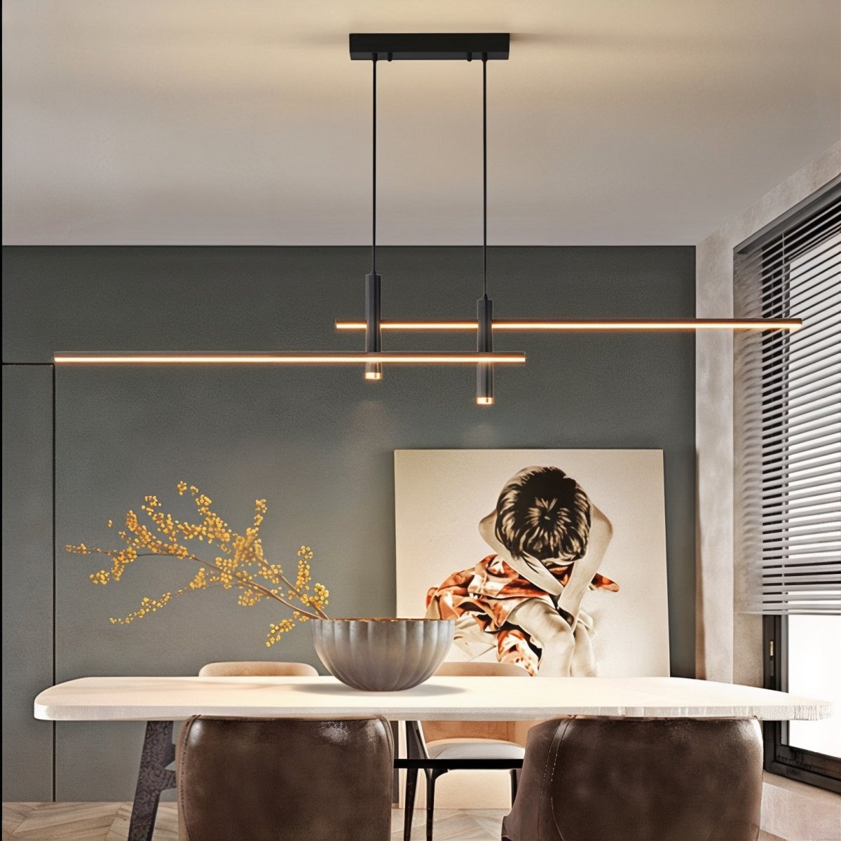 Linear LED pendant light over an island