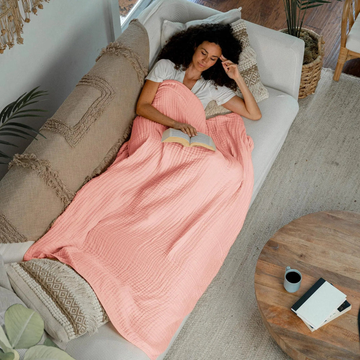 Lightweight cotton muslin throw on a sofa