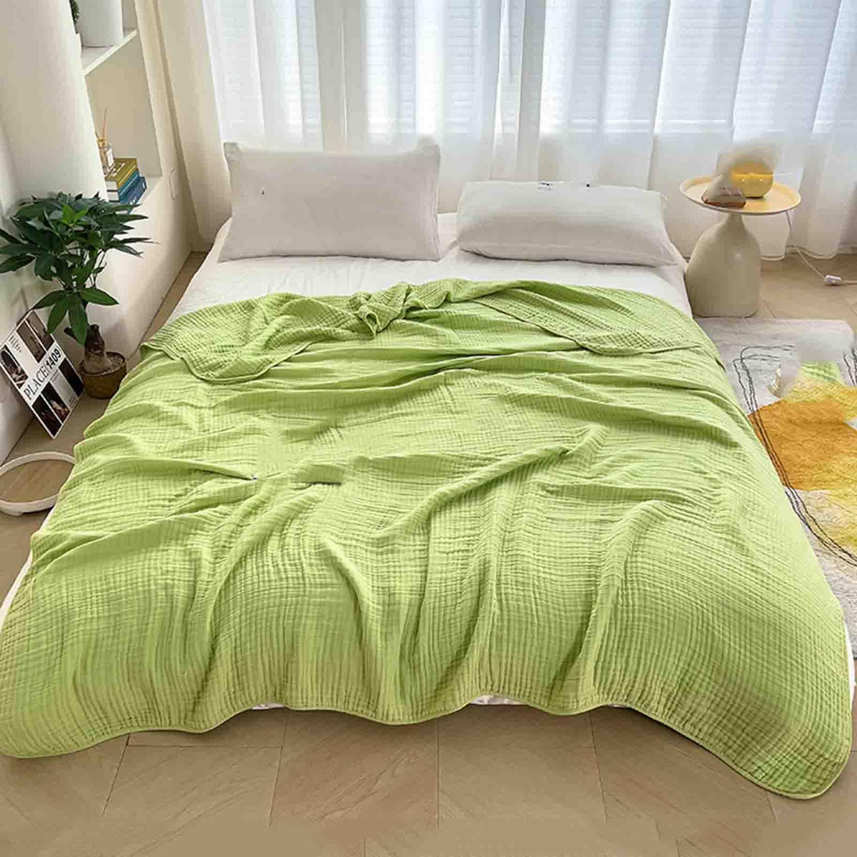 Green cotton muslin throw blanket