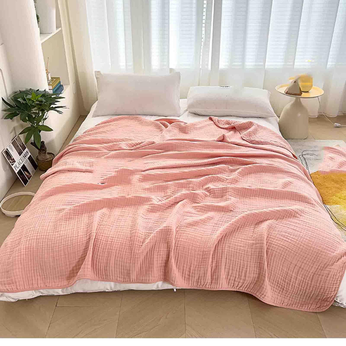 Pink cotton muslin throw blanket