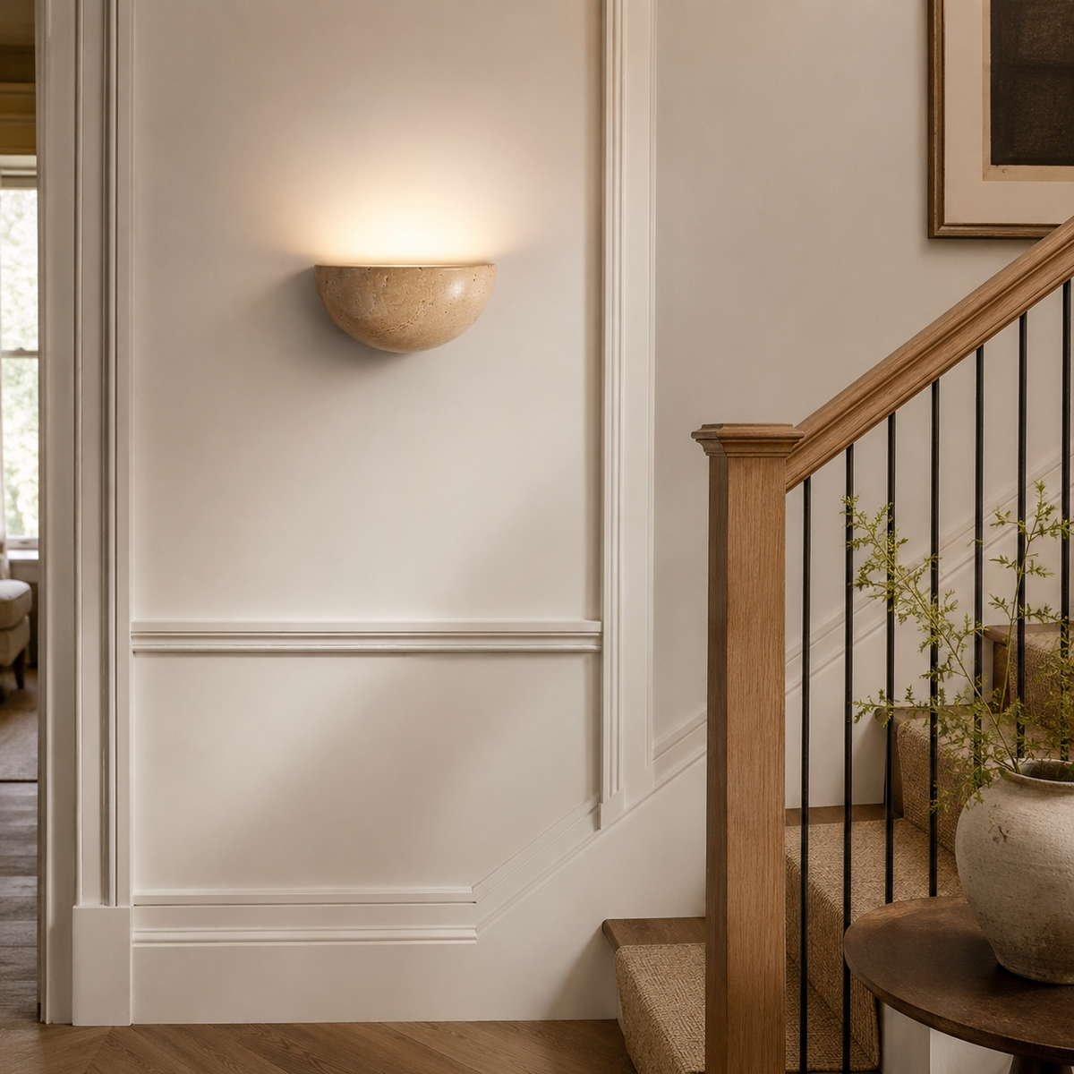 Travertine wall light in a bedroom