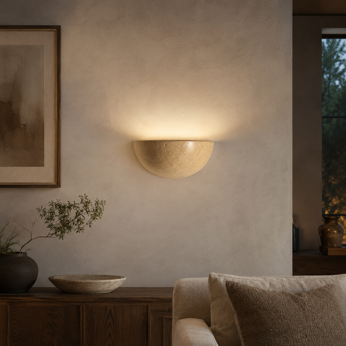 Travertine wall light upward glow