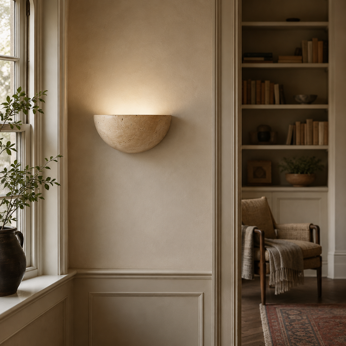 Travertine wall light in a hallway