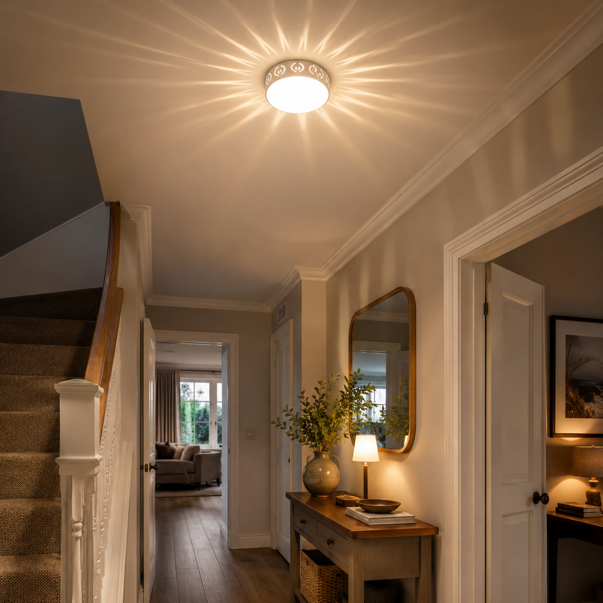 Sunburst ceiling light in an entrance