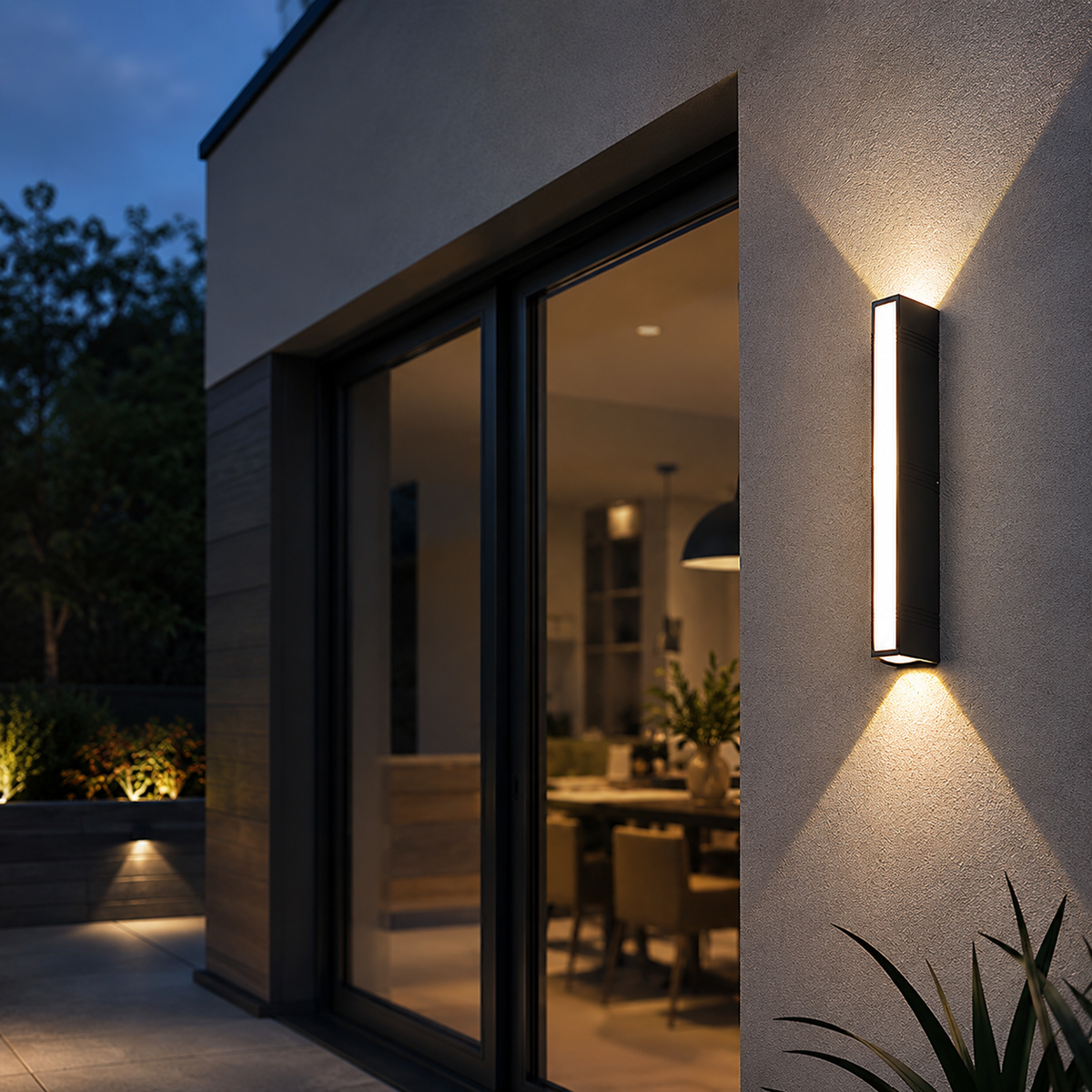 Weatherproof wall light lit at dusk