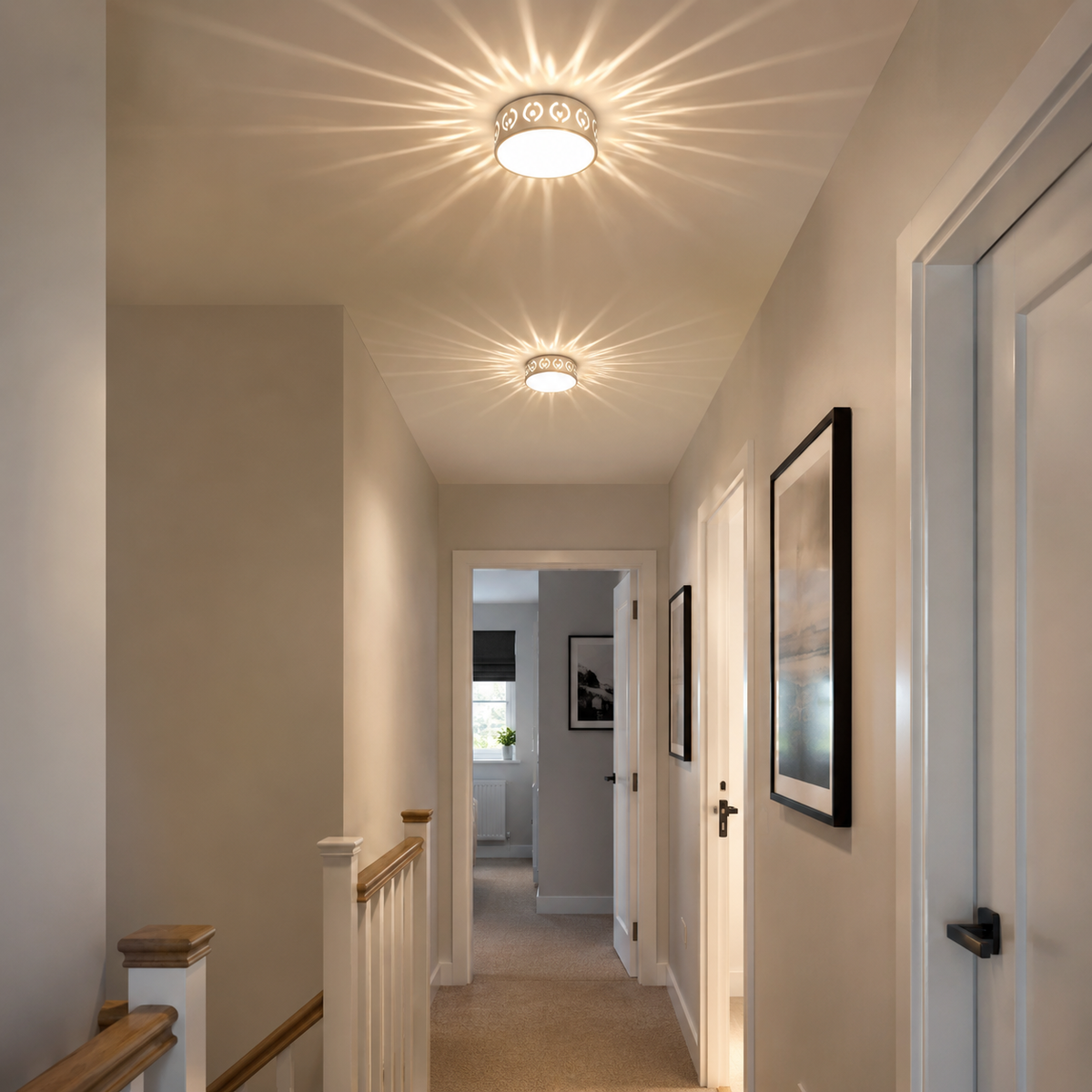 Sunburst ceiling light on a landing