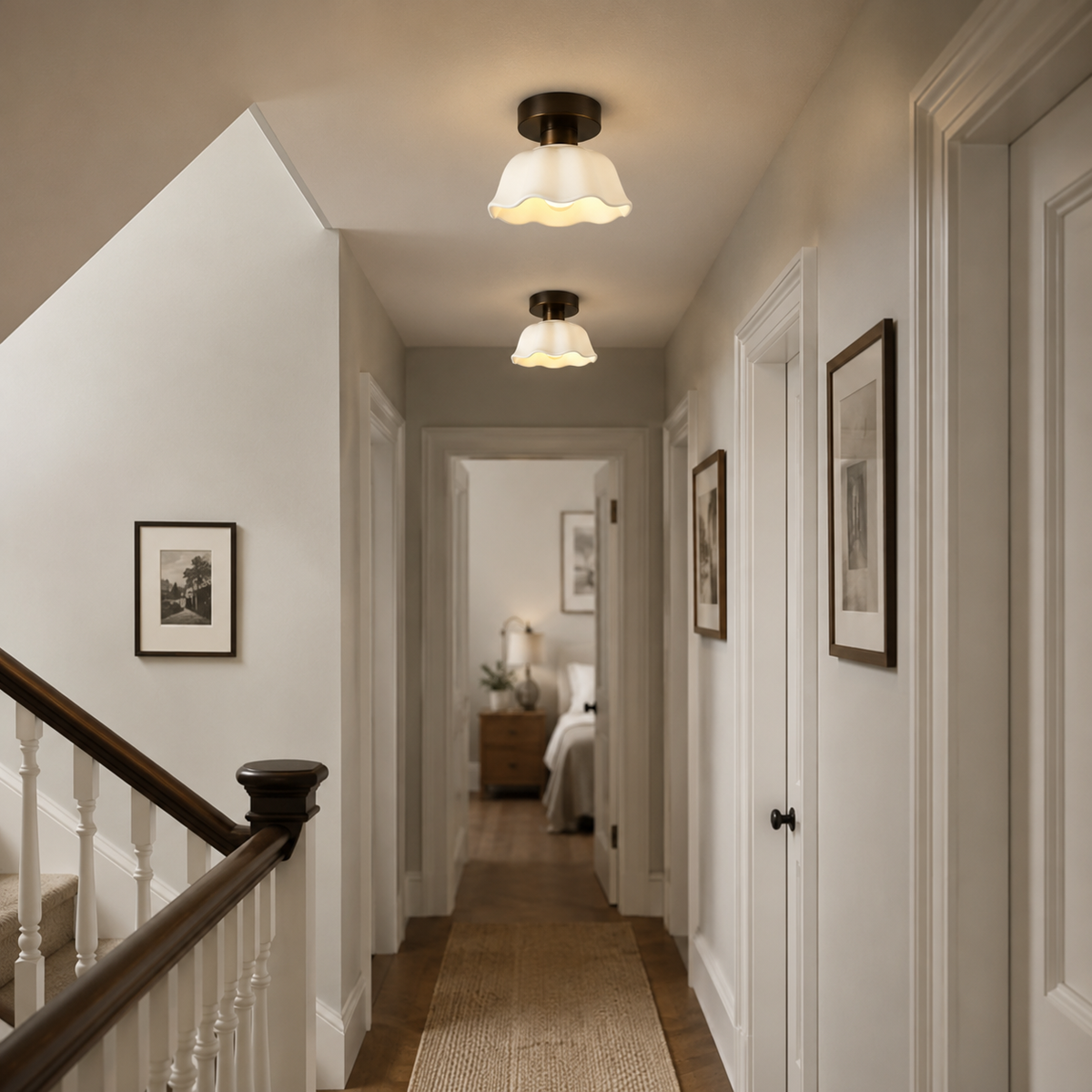 Vintage semi-flush ceiling light in a hallway