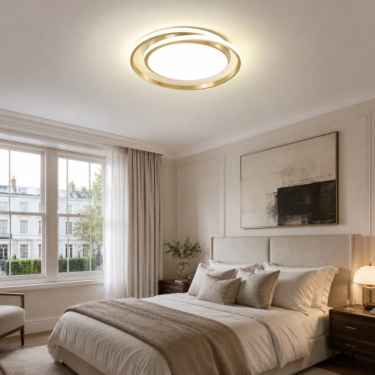 Round LED ceiling light in a bedroom