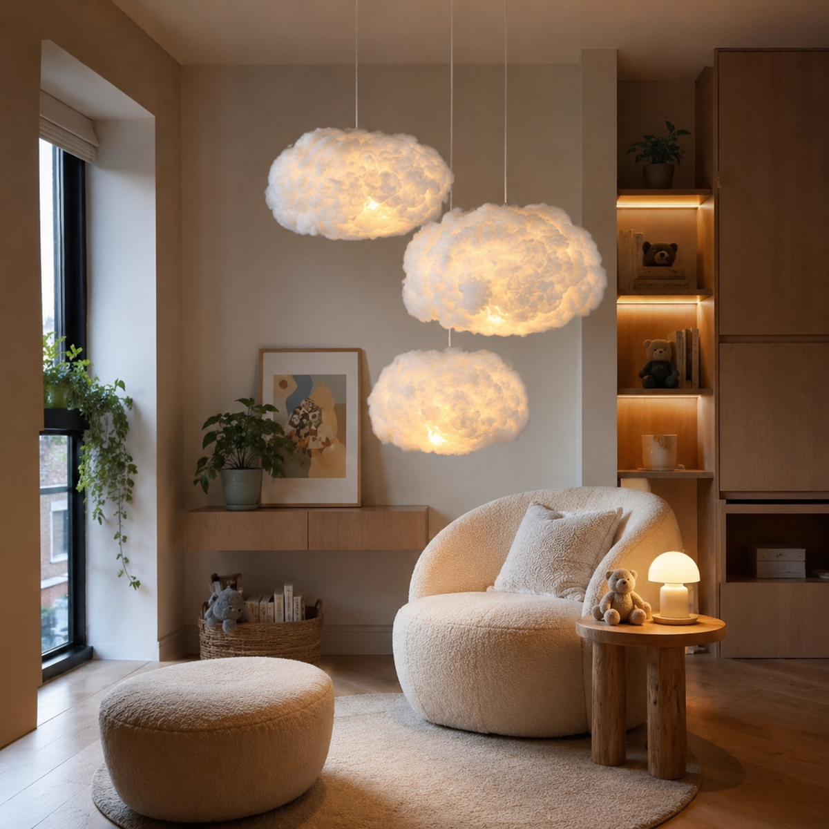 Cloud pendant light styled in a bedroom