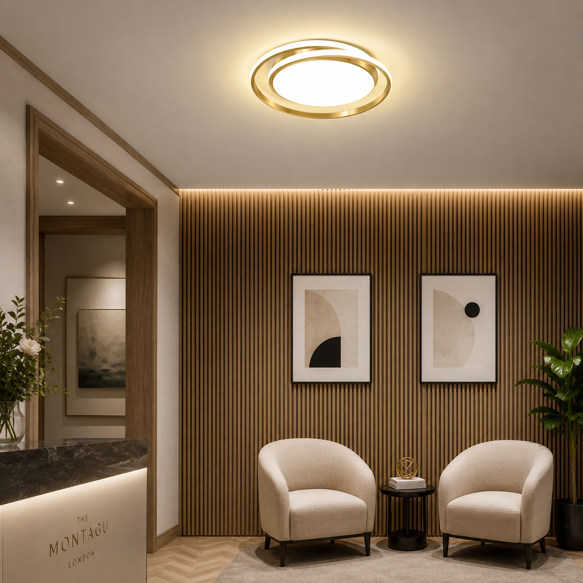 Round LED ceiling light in a hallway