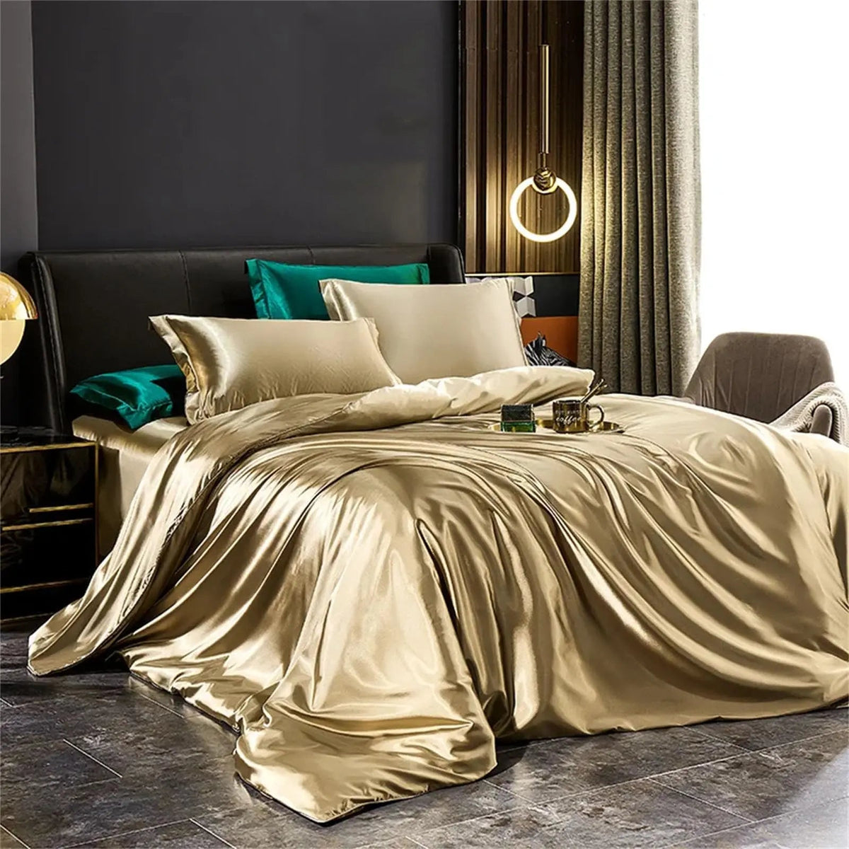 Champagne mulberry silk bedding set on a bed