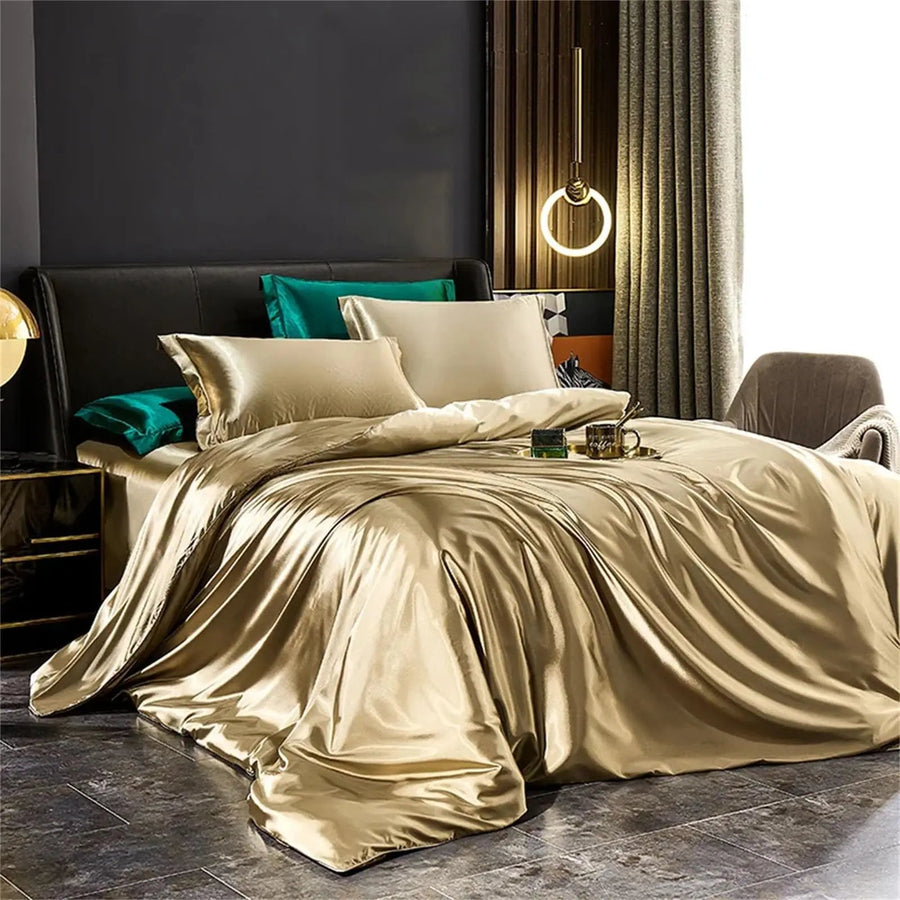 Champagne mulberry silk bedding set on a bed