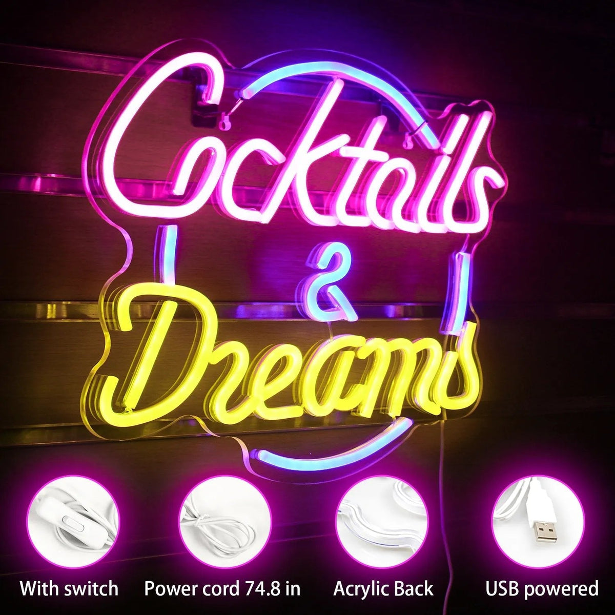 USB-powered neon sign at night
