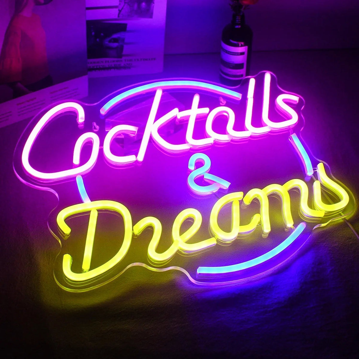 Cocktails LED neon sign lit in a home bar